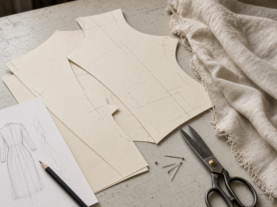 Pattern pieces, a sketch and cloth on the studio table