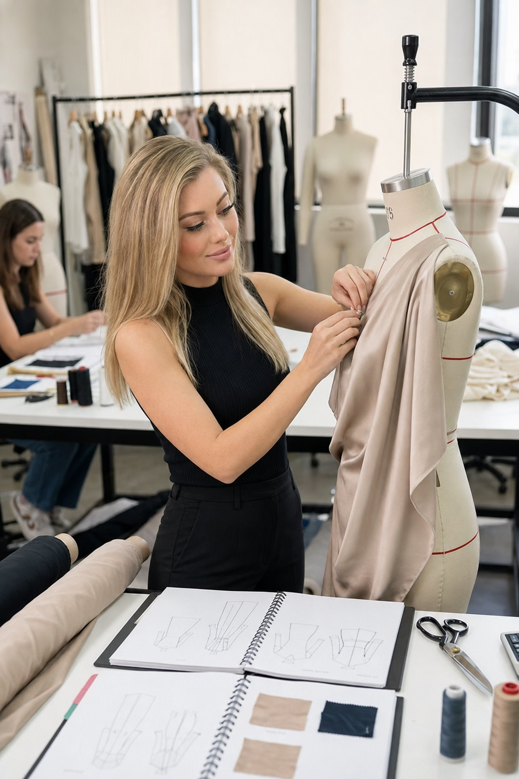 Working on a garment in the studio